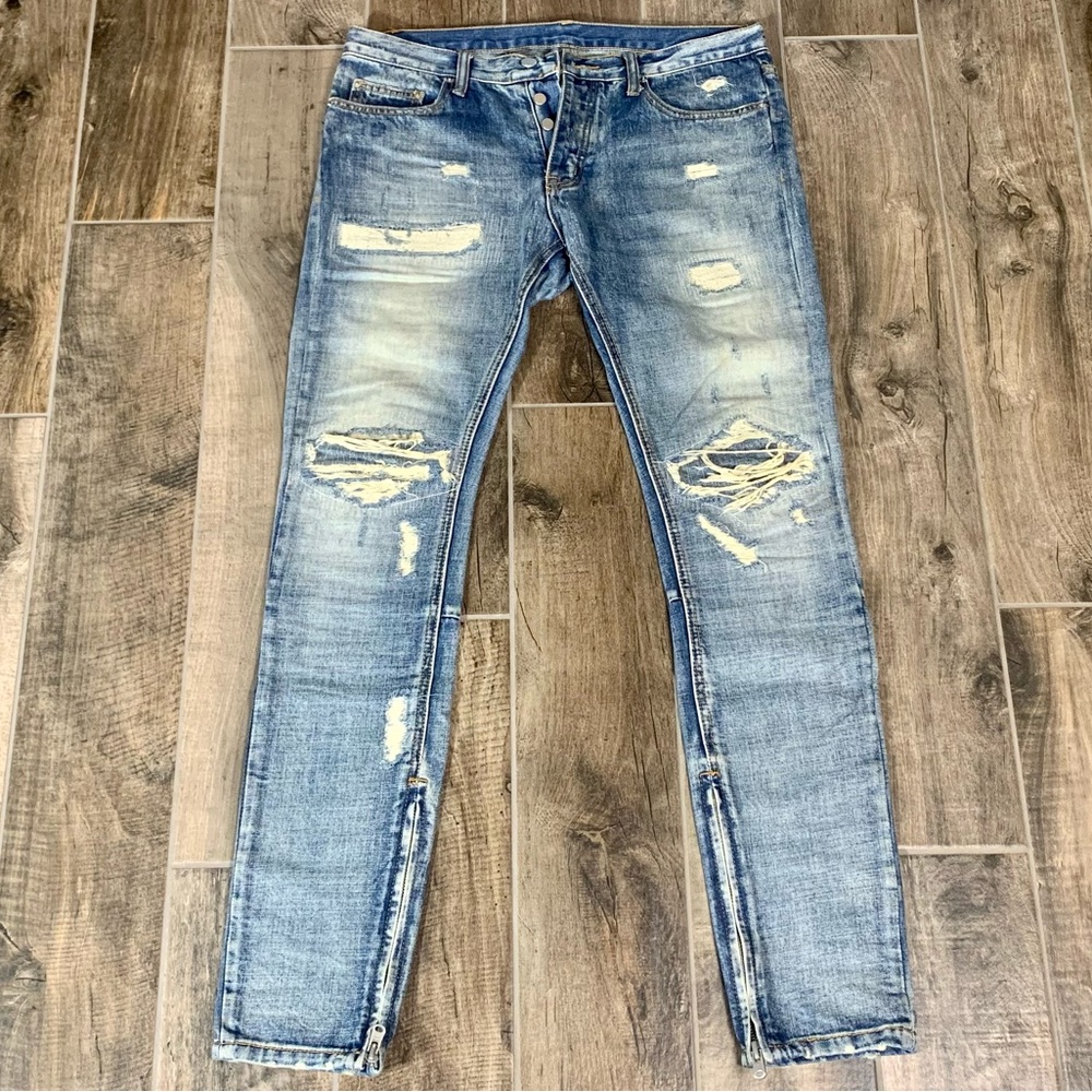 MNML M1 Repaired Denim Blue Jeans: W32 Skinny Denim
